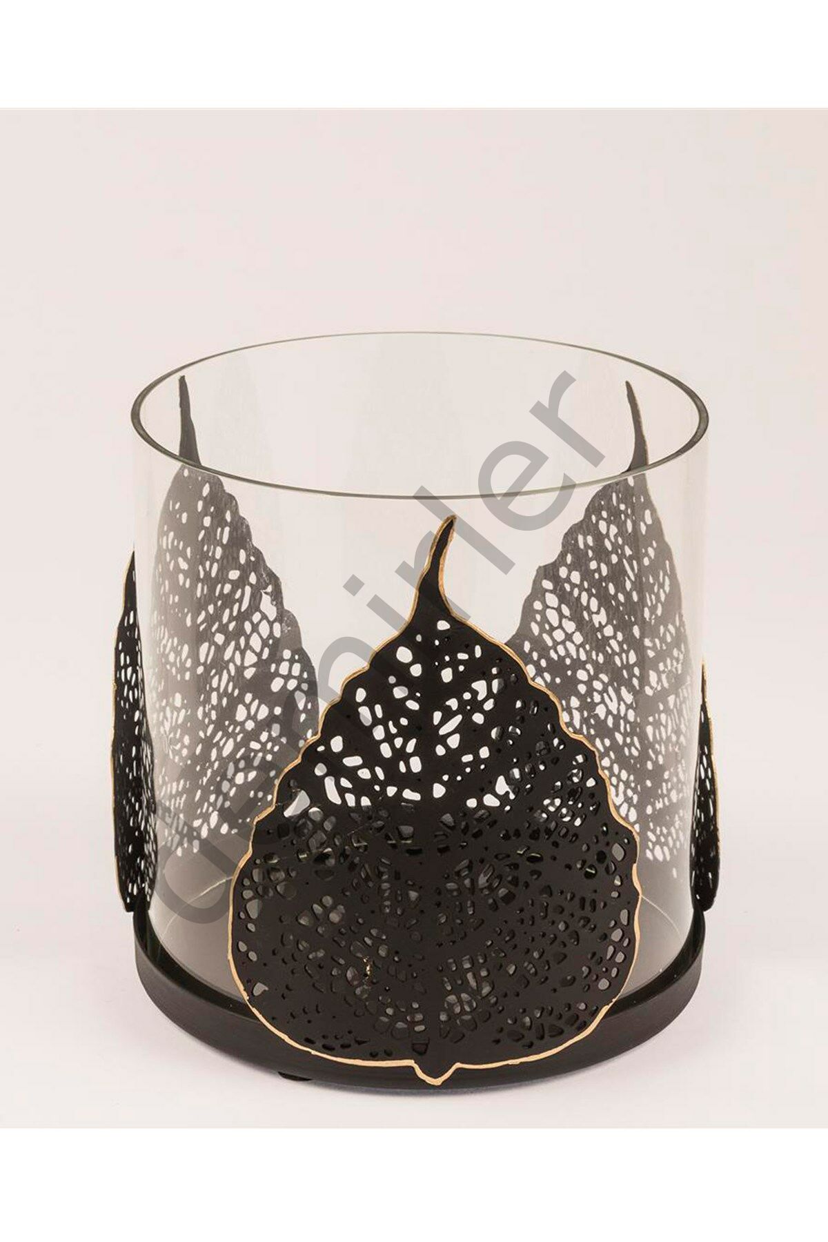 Siyah Silindir Camlı Yaprak Mumluk 17x15 Cm P191.859338