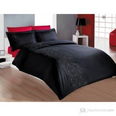 Cotton Box Çift Kişilik Brode Saten Nevresim Takımı -Love Story Siyah