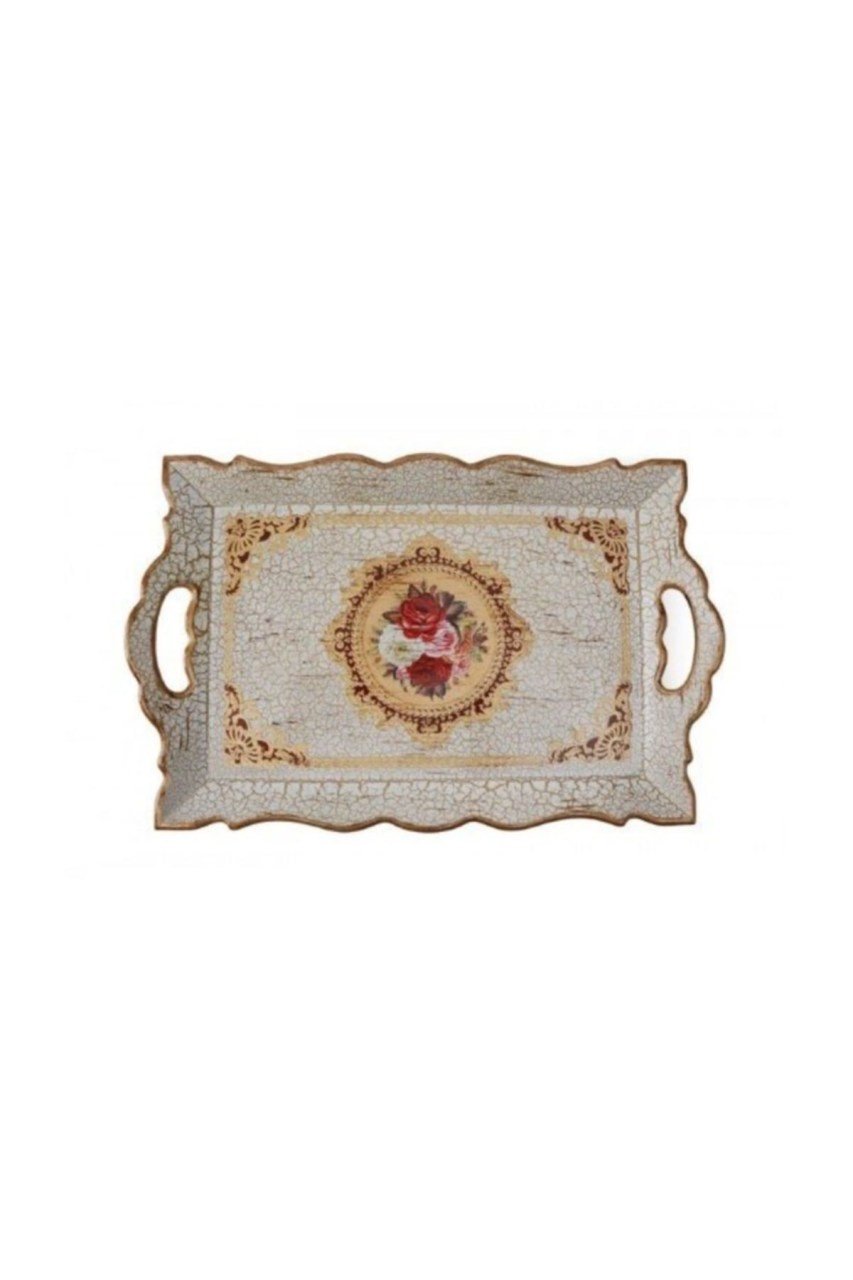 Ahsap Beyaz Catlatma Tepsi 42,5x28 cm